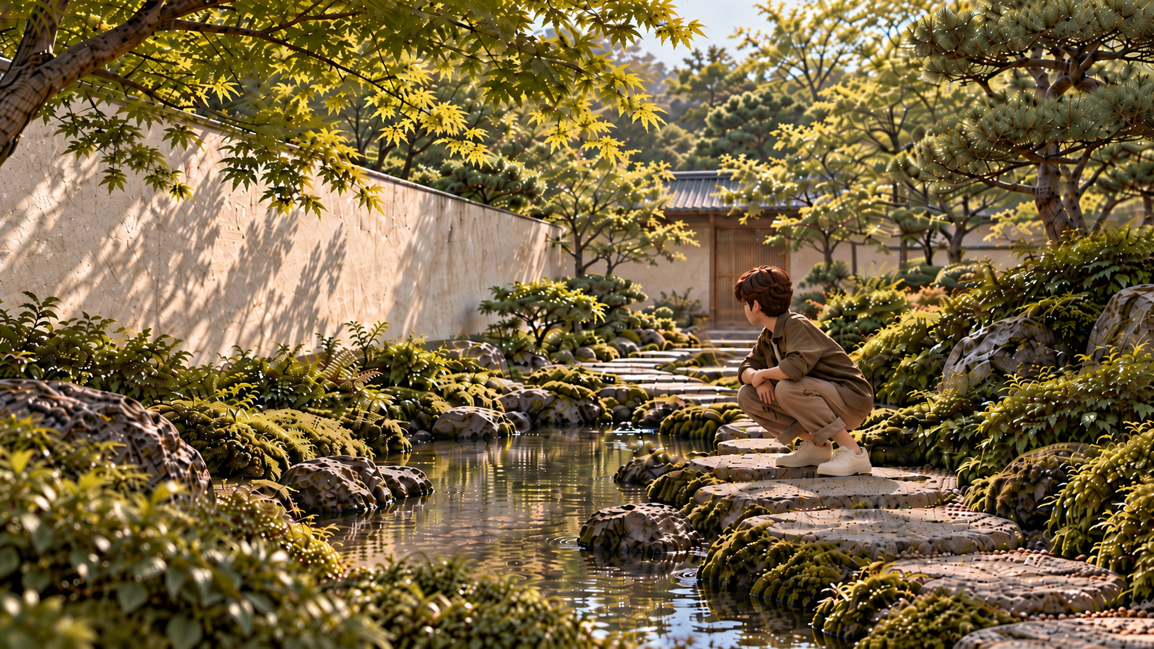 Haru turns to look along the garden path