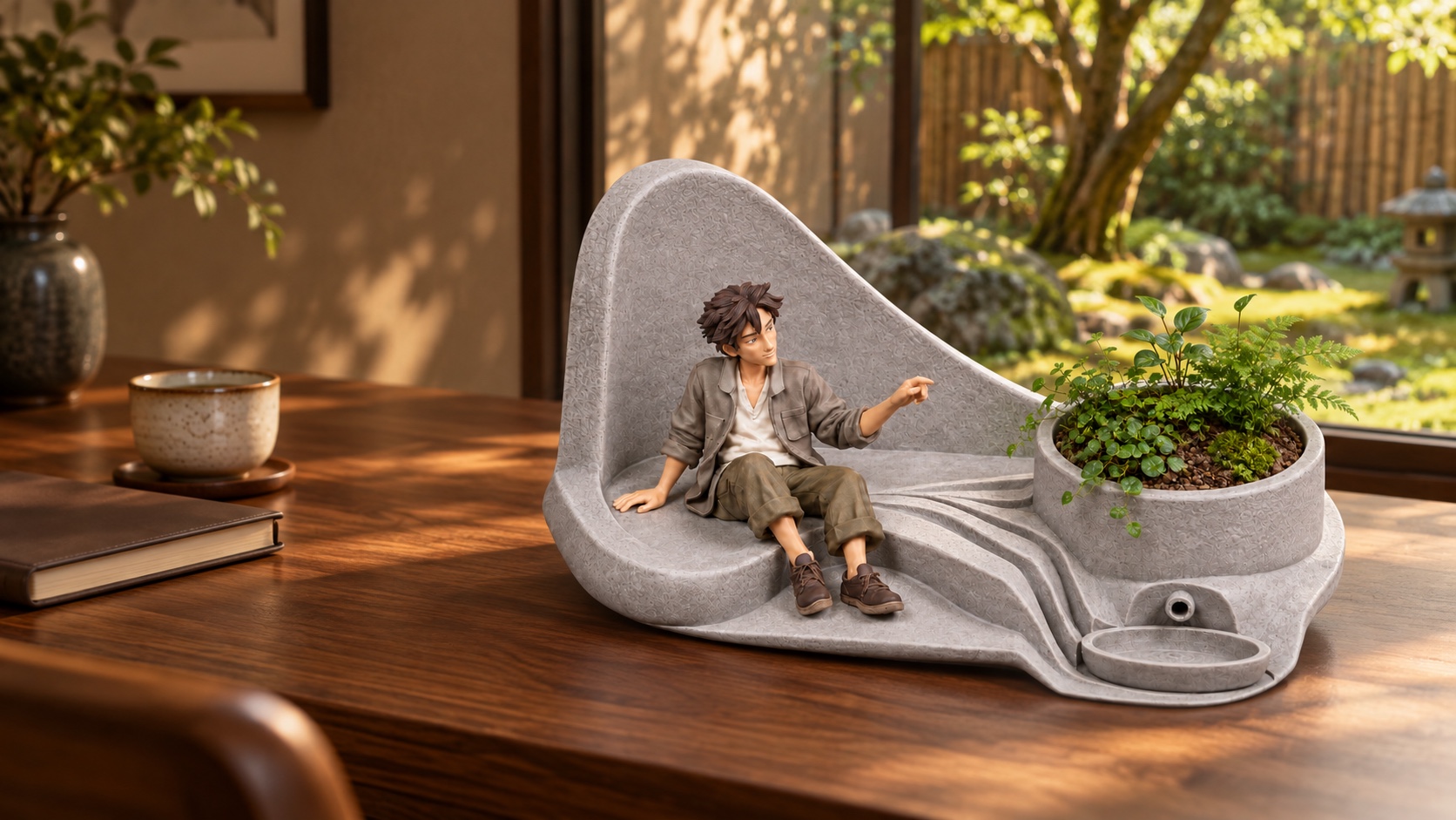 Nagi carries a sheltered scene onto a desk by the window